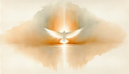 Sticker - Abstract watercolor illustration of a dove of peace flying over the water with a beautiful sunset.  Vector illustration.