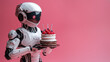 A mechanical friend celebrates with a delicious birthday treat in hand
