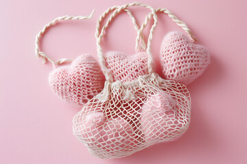 Wall Mural - cute knitted hearts in net bag on pink background in 