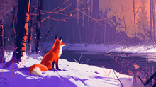 A Painting Of A Red Fox Sitting Snow Looking Out At The Woods And A Lake Distance.