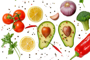 Wall Mural - Avocado and fresh vegetables, food concept Vegetables isolated on white background