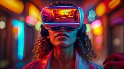 A woman wearing VR glasses with neon lights in the background.