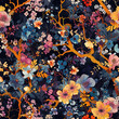 Colorful Asian Inspired Repeating Pattern of Flowers and Branches