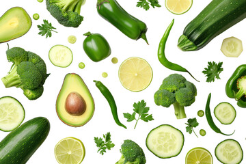 Wall Mural - Avocado fruits and fresh vegetables isolated on clear white background.