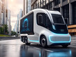 Futuristic electric truck delivery moving on city highways with the full self-driving system activated for transportation autonomy concepts as broad banner hud datum with copy space region design.