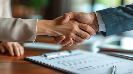 Resume. two business people shaking hand after business signing contract in meeting room at company office, job interview, investor, success, negotiation, partnership, teamwork, financial concept