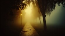 a foggy sidewalk in a park with a lamp post in the foreground and trees on the other side of the path.