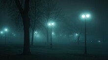 A Foggy Night In A Park With Street Lights And A Bench.