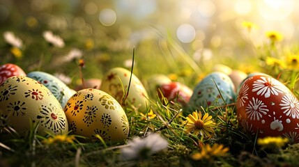 Wall Mural - easter eggs on the grass background
