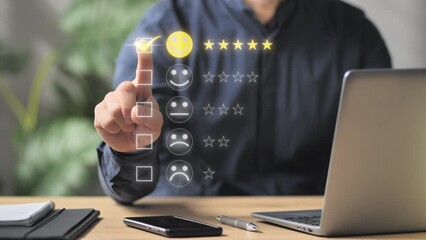 Satisfied customer review online,man at computer rating website experience using a virtual touch screen interface,person at the laptop giving a positive five stars feedback graphic illustration 