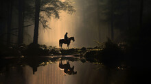A Man Riding On The Back Of A Horse In A Forest Next To A Body Of Water On A Foggy Day.