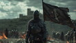 Knight with flag in armor on battlefield. Sparks on castle background. Middle Ages, Victory in battle on battlefield