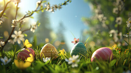 Wall Mural - easter eggs in the grass