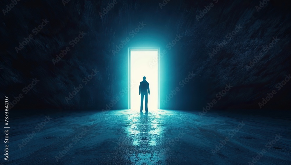 Silhouette of a person standing in a bright doorway in a dark room. The ...