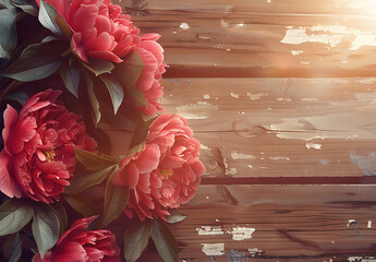 Wall Mural - fresh peonies on a sunny wooden background with room 
