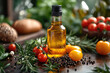 Elaboración tradicional de aceite de oliva virgen extra, Europa, España, dieta mediterránea, dieta saludable, bodegón botella de aceite