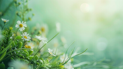 Wall Mural - easter eggs and flowers on green background  with copy space area 