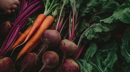 Canvas Print - bunch of freshly harvested beets with vibrant pink stems and roots attached, positioned next to a bunch of orange carrots with green tops.