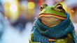 A pensive frog in a warm scarf against a background of blurry lights. Symbol of day in a leap year is February 29, celebrating the frog jump event