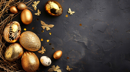 Wall Mural - golden easter eggs on black and gold background  with copy space area 
