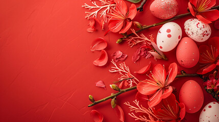 Canvas Print - easter eggs and flowers on red background  with copy space area 