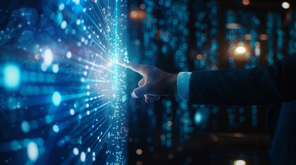 person in a suit is reaching out to touch a digital interface with glowing blue light and data strea