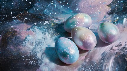 Wall Mural - Holographic shimmer,  painted easter eggs, copy space in center, flat lay, minimal concept, insanely detailed, studio lighting, photographed by art director