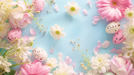 Wall Mural -  easter eggs and flowers on blue background with copy space area