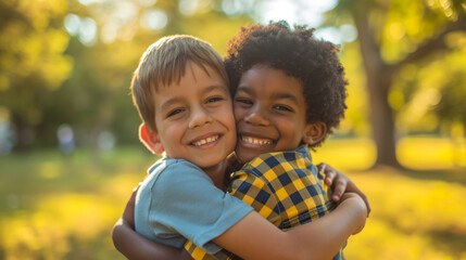 Poster - two young children hugging each other with big smiles, standing outdoors with sunlight and trees in the background.