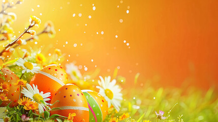 Poster - easter eggs and flowers on yellow background with copy space area