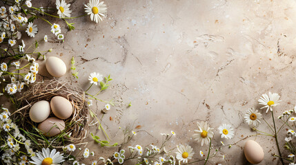 Wall Mural - easter eggs and flowers on brown background with copy space area