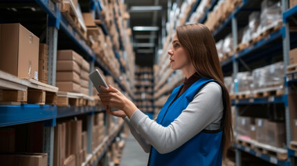 Wall Mural - woman in a warehouse vest looking up at shelves while holding a tablet.