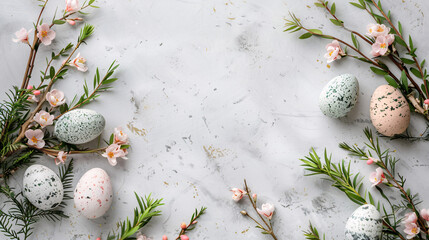 Wall Mural - easter eggs and flowers on white background with copy space area