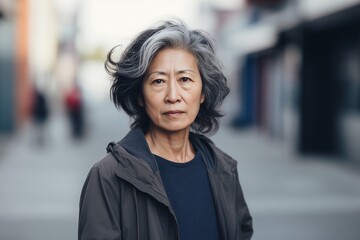 Wall Mural - Mature Asian woman sad serious face on street