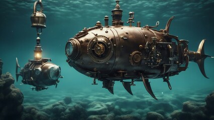 Canvas Print -     A steampunk scene of a metal tuna fish swimming in the ocean, with a submarine  