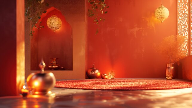 Cozy room with ornate lamp, vibrant carpets and a traditional vibe in an Oriental setting