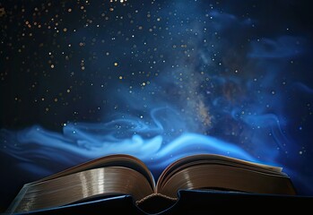 Wall Mural - closeup of a bible open and stars and sparkles floating above, galaxies swirl above, deep blues, leave room for text