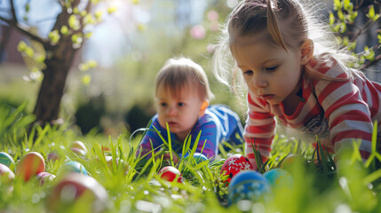 Wall Mural - children playing in the grass looking for easter eggs