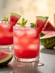 Wall Mural - A watermelon lemonade drink in an explosion of fruity and revitalizing flavors perfect for hot summer days. An irresistible and invigorating watermelon and citrus drink.