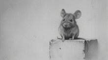 A Black And White Photo Mouse Sitting On Top Piece Of Luggage In Front White Wall.