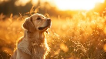Golden Retriever Dog Enjoying Outdoors At A Large Grass Field At Sunset, Beautiful Golden Light, Generative Ai