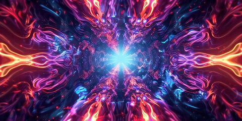 Wall Mural - Vibrant neon tunnel pulsating with colorful lines, electrifying journey through a kaleidoscope of light and movement.