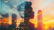 The double exposure image of the business man standing back during sunset overlay with cityscape image, The concept of modern life, business, city life and internet of things, generative ai