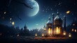 Radiant ramadan kareem: serene mosque lantern illuminated against crescent moonlit sky

