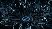 Restricted Access Technology Concept with Prohibition symbol on a Microchip. White Neon Data flows between Users and the CPU across a Futuristic Motherboard. 3D render.