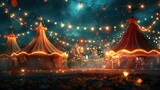 Fototapeta  - A whimsical circus tent background, adorned with striped awnings, twinkling lights