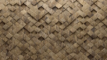 Natural Stone Tiles Arranged To Create A Textured Wall. Arabesque, 3D Background Formed From Polished Blocks. 3D Render
