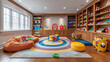 Family-friendly playroom with built-in storage and interactive play areas. 