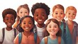 Realistic image of a group of smiling children of different nationalities and cultures. Multiculturalism, transnationality, open education, international schools. Illustration. Generative AI