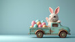 A conceptual image of the Easter bunny driving a delivery truck filled with Easter eggs in the bed